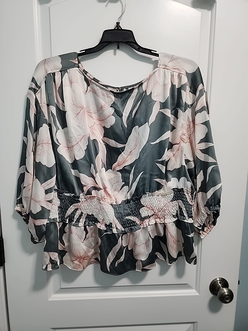 Smocked-Waist Floral Blouse - Pink Floral on Charcoal